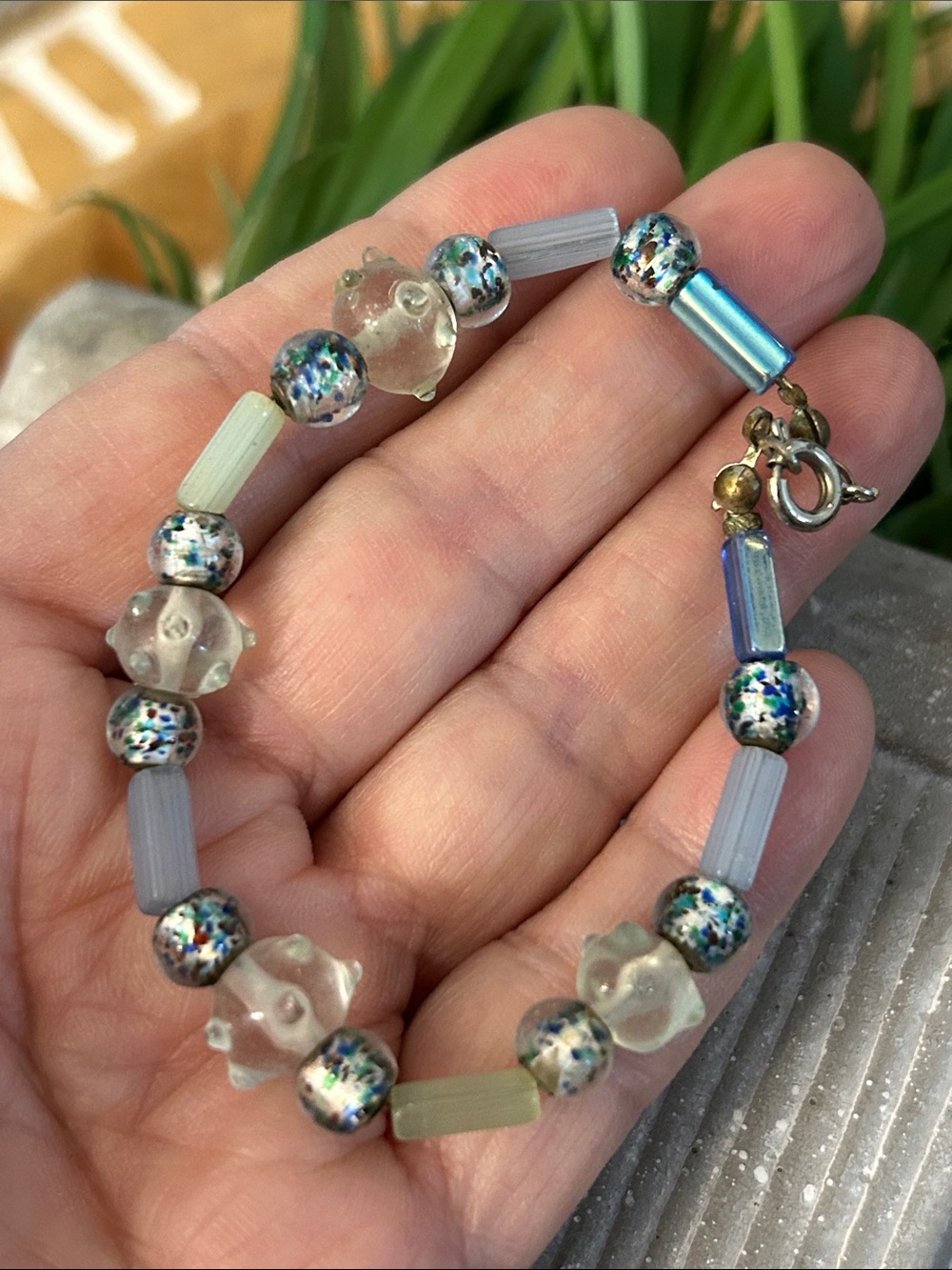 glass bracelet blue clear green silver iridescent beads delicate